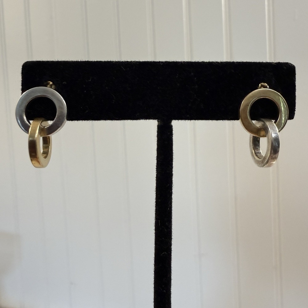 Tiffany & Co Sterling Silver 18k Yellow Gold Interlocking Circle Dangle Earrings - Picture 2 of 9
